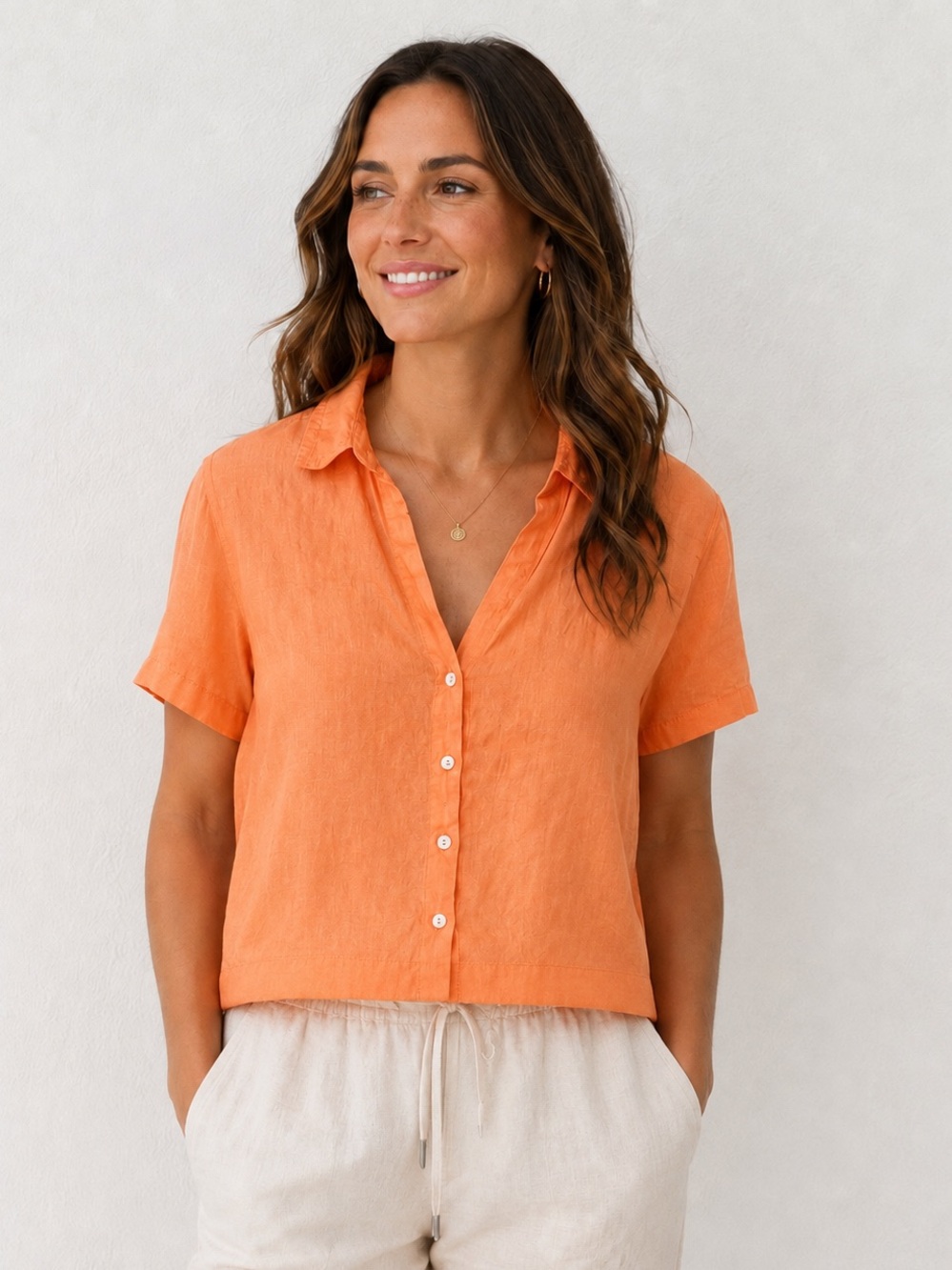 Joie 100% Linen Short Sleeve Button Front Orange Blouse Size Small